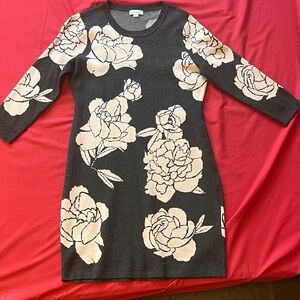 Calvin Klein Black Knit Floral Long Sleeve Dress with Cream Blooms
